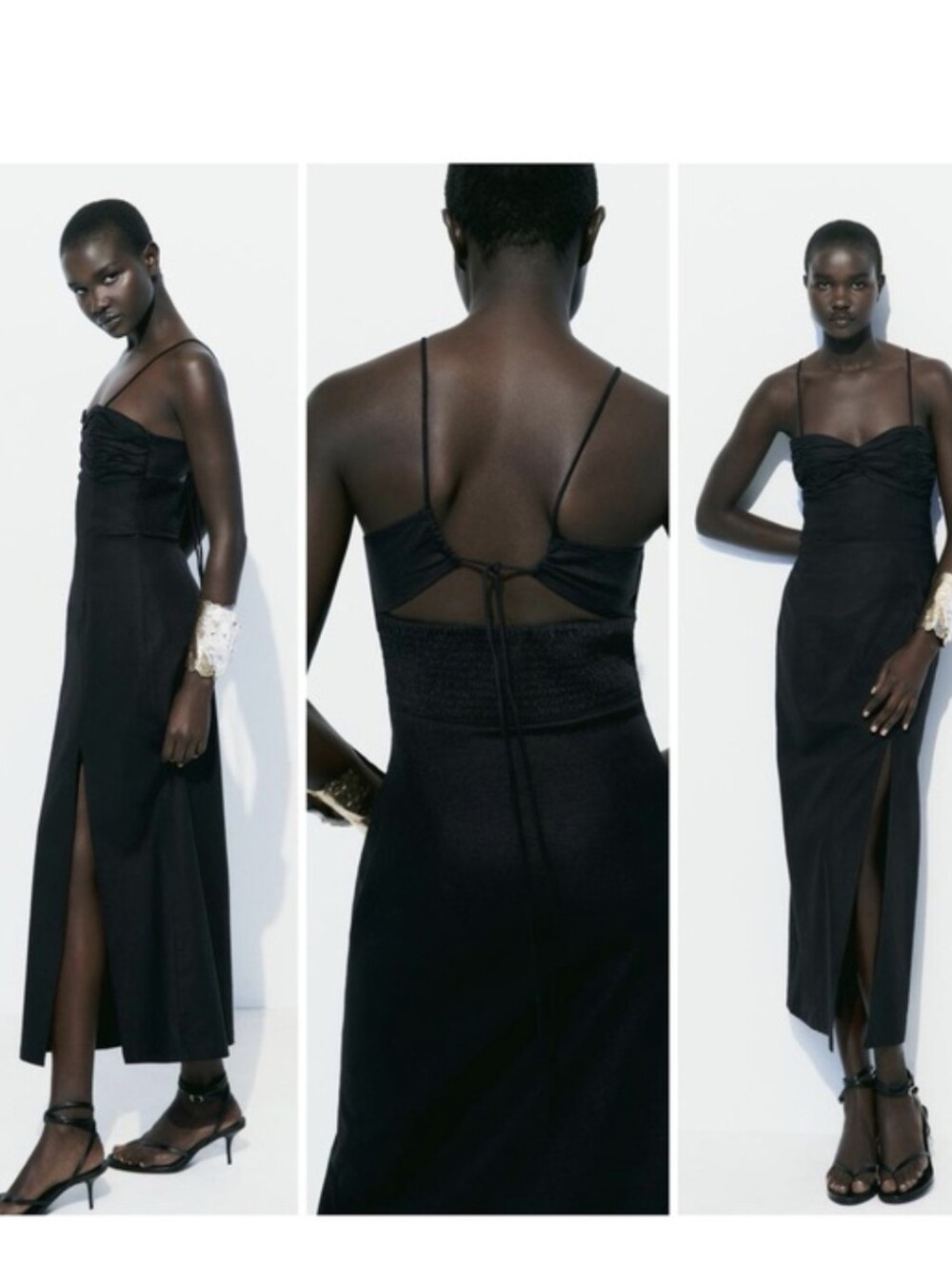 NWT Zara Black Linen Blend Cut-Out Midi Dress Tie Back Ruched Bust Slit Size